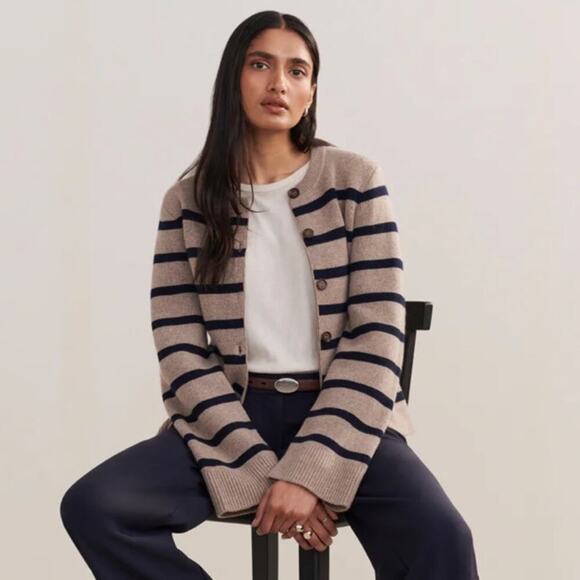 Jenni Kayne Cooper Button Wool Cashmere Knit Cardigan Sweater Taupe Navy Stripe - Picture 3 of 11